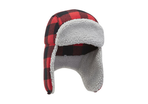 Winter trapper hat with red and black buffalo plaid pattern and grey faux fur lining isolated on a transparent background