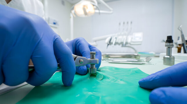 dentist hands using rubber dam punch | dental procedure preparation with green dam | professional dental tools in blue gloves | endodontic treatment equipment close up