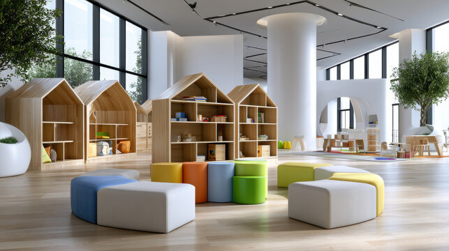 Daycare interior modern classroom furniture colorful seating learning area natural light wood floor creative space playful mood
