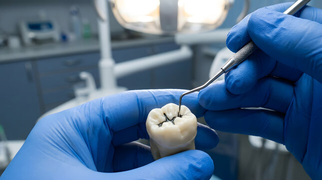 Dentist hands examining molar tooth model | Tooth decay and cavity inspection | Professional oral healthcare demonstration | Dental hygiene and medical checkup | Clinical dental diagnostic procedure