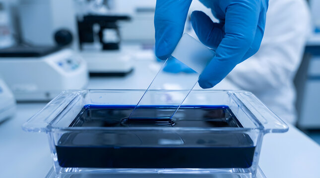 Scientist staining microscope slide in laboratory|Microbiology histopathology laboratory staining process|Blue gloved hand dipping slide into dye solution|Medical research laboratory diagnostic