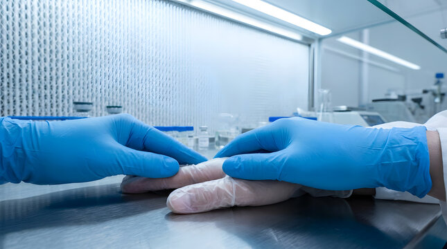 Medical professional supporting patient in sterile laboratory | Healthcare workers hands in protective gloves touching | Clinical research teamwork in high-tech laboratory setting