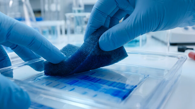 Scientist performing protein gel electrophoresis staining|Laboratory technician in blue nitrile gloves handling polyacrylamide gel|Molecular biology research and DNA protein analysis in lab