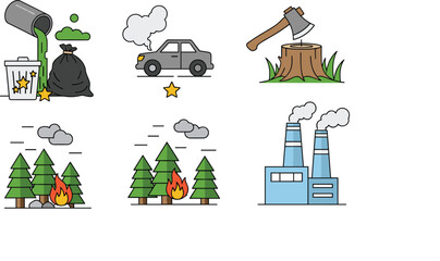 Environmental Pollution and Deforestation Icon Set with Waste Dump Car Smoke Forest Fire and Factory Chimney Symbols © Shukimon