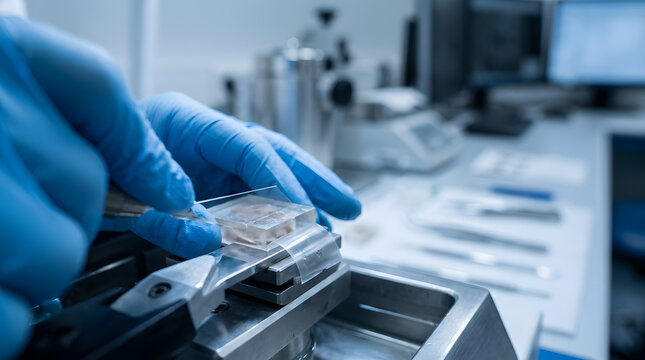 Histology lab technician slicing tissue sample | Preparation of paraffin embedded tissue sections | Laboratory worker in blue gloves | Medical research pathology laboratory equipment