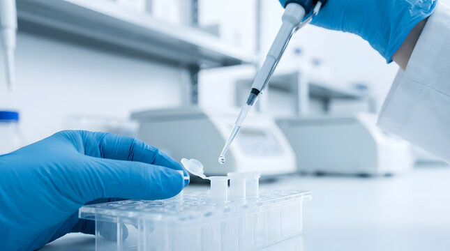 Scientist using micropipette in medical laboratory | Close up of blue gloved hands dispensing liquid sample | Biomedical research experiment in sterile lab environment | Clinical testing