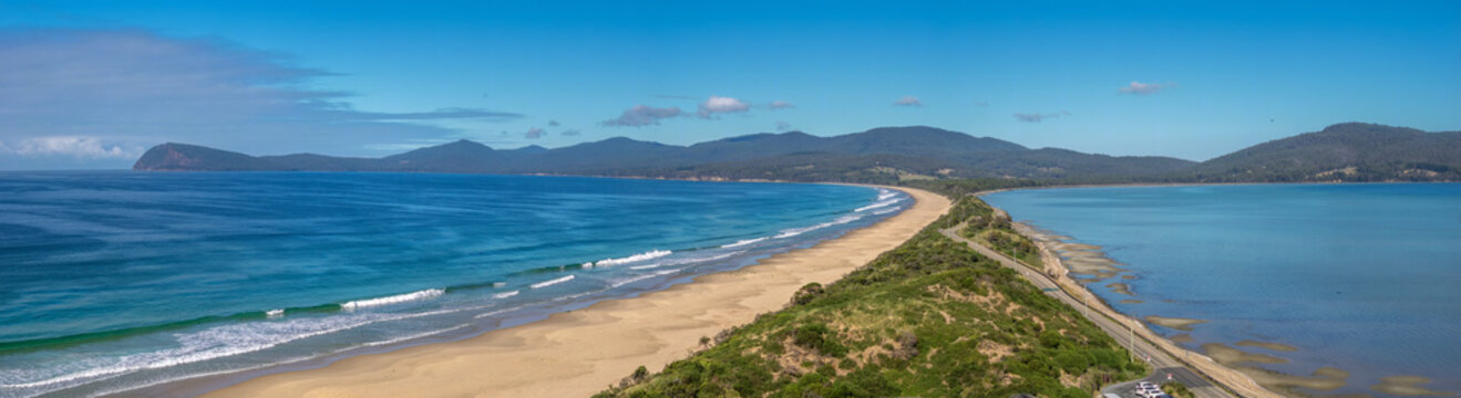 Panoramic viiew of the Neck, a narrow sandy isthmus connecting North and South Bruny Island in Tasmania, Australia