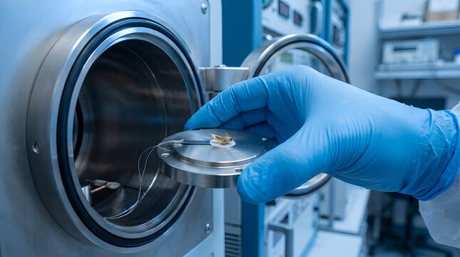 Scientist placing biological specimen into vacuum chamber | Scanning electron microscope sample preparation | High-tech laboratory research equipment | Blue gloved hand handling microscopy stage