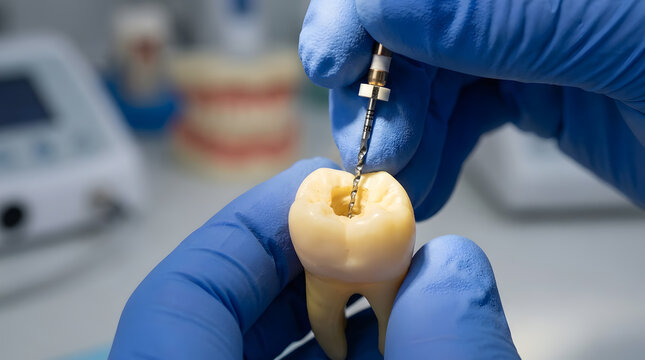Endodontic root canal procedure on tooth model | Dentist hands in blue gloves using dental file | Professional dental treatment education | Close up of endodontic treatment