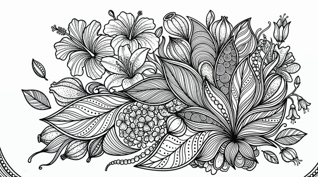 Floral pattern zentangle style coloring page for stress relief and adult creative hobbies.