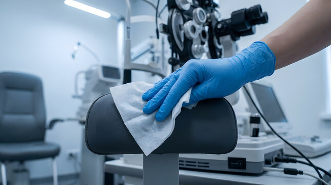 Professional eye clinic sanitation protocols|Disinfecting ophthalmic equipment with medical wipes|Healthcare worker cleaning diagnostic tools|Optometry office hygiene and safety measures