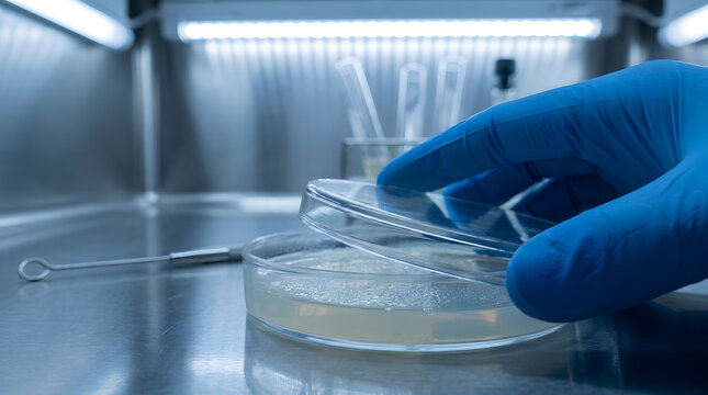 Gloved hand closing agar plate in laboratory | Microbiology research and bacterial culture | Sterile lab environment for scientific testing | Pharmaceutical quality control