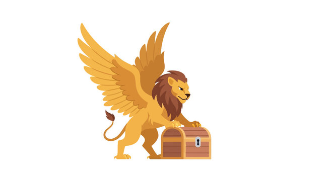 Mythical lion with wings and treasure chest fantasy creature