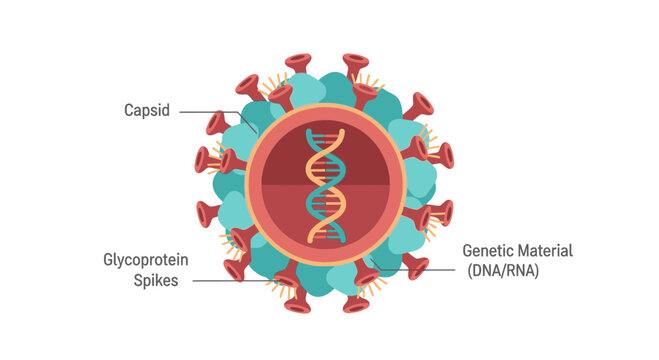 Coronavirus structure illustration: genetic material, capsid, spikes