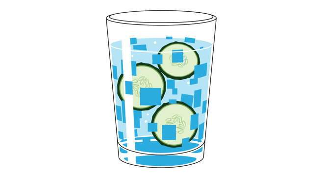 Illustration of a glass filled with refreshing cucumber water, featuring geometric blue patterns, isolated on a white background