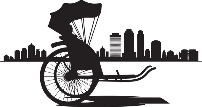 Traditional rickshaw silhouette in front of modern city skyline with tall buildings and skyscrapers representing cultural asian heritage art.
