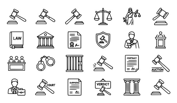 Judge gavel outline icon collection law and auction hammer vector illustration isolated design