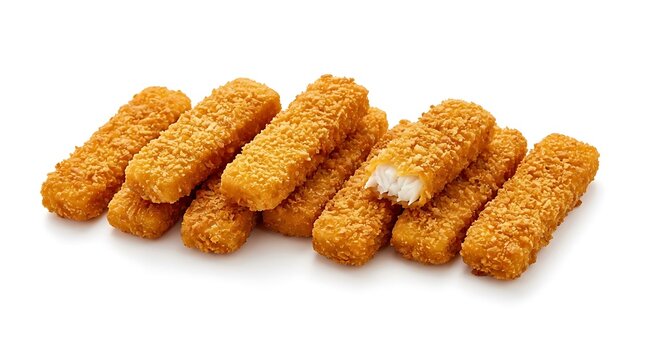 Crispy fish fingers isolated on clean white background, perfect for seafood snack and fast food photography visuals.
