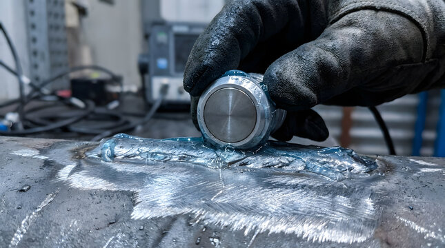 Ultrasonic testing of metal pipe weld | Nondestructive testing with ultrasonic transducer | Industrial inspection using couplant gel | NDT technician checking weld integrity