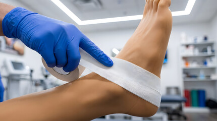 Fototapeta premium Professional ankle taping for sports injury | Physical therapist applying athletic tape to foot | Clinical ankle stabilization technique