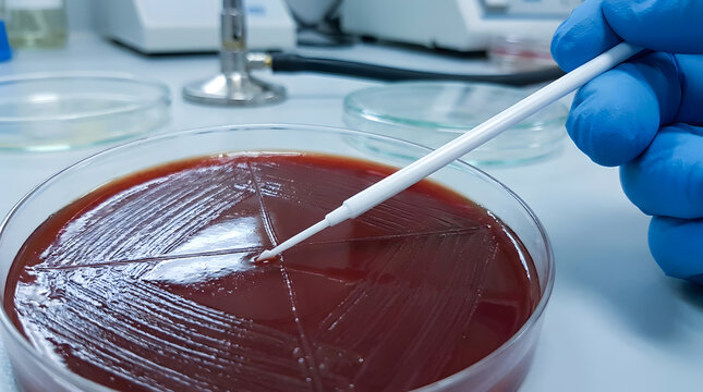 Microbiologist streaking bacteria on blood agar plate | Laboratory petri dish with bacterial culture growth | Medical researcher using inoculation loop | Scientific analysis of clinical specimen