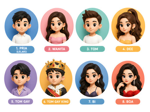 Thailand 8 gender identities culture 3D cartoon avatar icons set