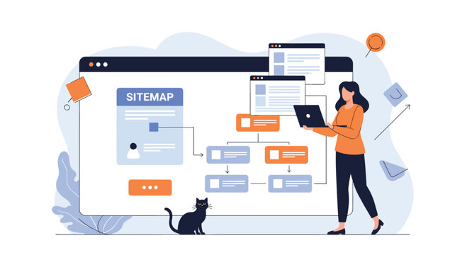 Professional woman using a laptop to present a comprehensive website sitemap and hierarchy on a large digital screen.