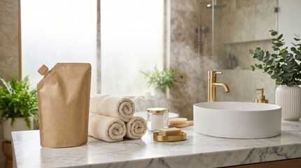 Fototapeta premium Organic refill pouch and natural skincare products on marble bathroom counter with plants and sunlight