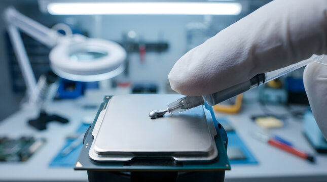 Applying thermal paste to CPU processor | Computer hardware maintenance and repair | Professional PC building process | CPU cooling thermal grease application