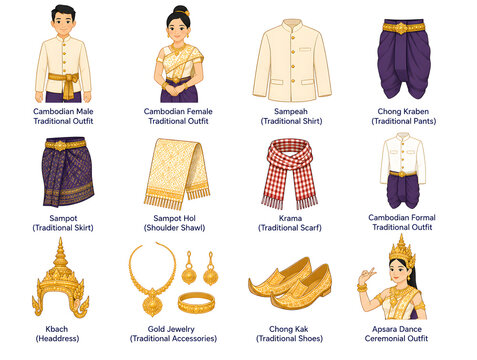 Cambodian Traditional Outfit Vector Set Cambodia Culture Costume Icons
