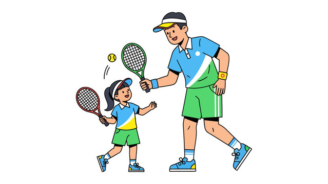 Father and Daughter Tennis Lesson: A smiling father patiently instructs his young daughter in the fundamentals of tennis, holding racquets and a ball.