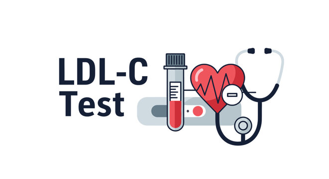 LDL-C Test medical typography concept with stethoscope and blood sample vial.