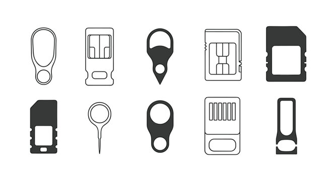 Various icons of mobile SIM cards in different sizes and SIM tray ejector pins or tools in black and white outlines for tech.