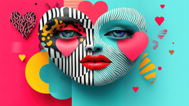 Love trap, Double-faced love mask symbolizing a love trap in a flat illustration style.
