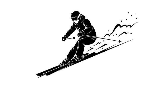 Skier sliding down the slope, black and white dynamic winter sports vector illustration.