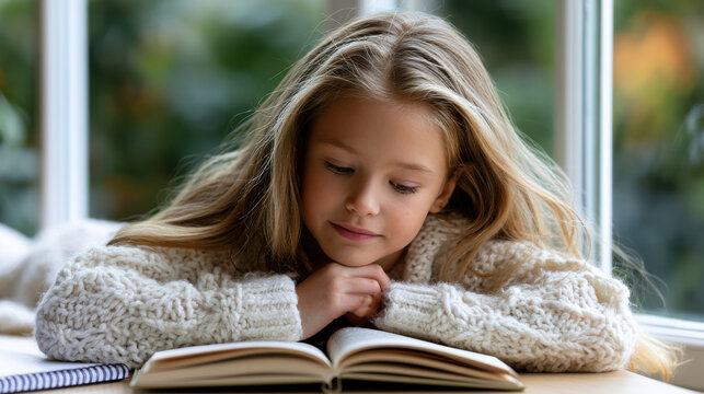 Young girl reading cozy sweater natural light window seat homeschool learning peaceful mood child education homework quiet moment fall season
