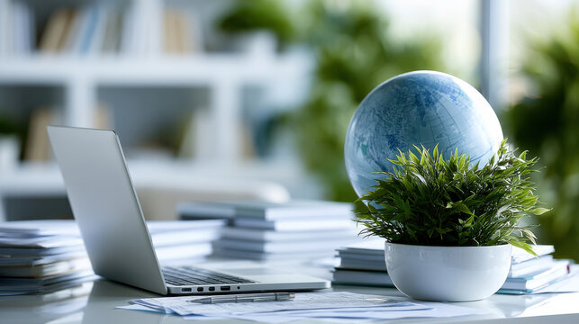 Modern home office workspace laptop globe plant books clean desk remote learning homeschool e learning distance education bright interior Laptop clean desk with globe plant books modern home