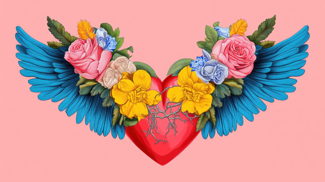 Love trap, Love depicted as broken wings on a heart in a flat, symbolic illustration.