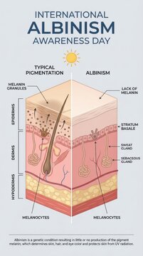 International albinism awareness day infographic showing skin layers and melanin comparison