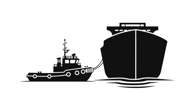 Tugboat pulling a large cargo ship silhouette vector icon.