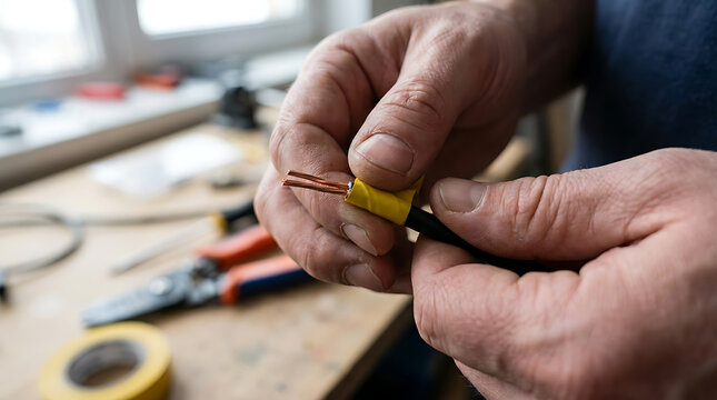Close-up shot of hands wrapping electrical wire with yellow tape for insulation