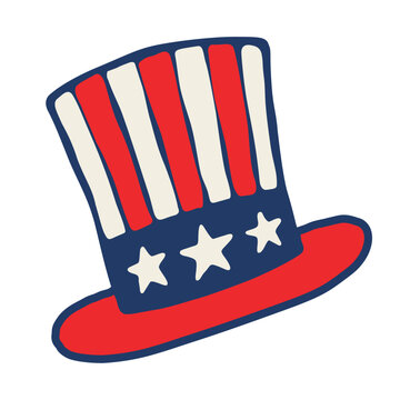 Uncle Sam hat clipart cartoon vintage American tophat with red blue and white stars and stripes doodle drawing vector on transparent background