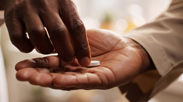 Close up view of hand holding pill before taking it for medication treatment and healthcare.
