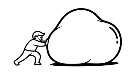 Fototapeta premium Man pushing a huge boulder or rock, concept of overcoming obstacles, hard work, challenge, and persistence, vector line art.