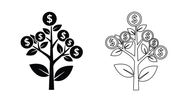 Money tree with coins black and white silhouette