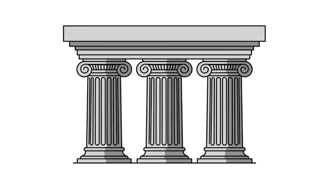 Three classical Ionic pillars or columns supporting a stone lintel structure, vector illustration.