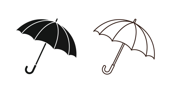 Two umbrella designs black solid and line art isolated silhouette