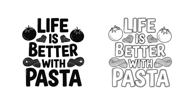 Pasta and tomatoes lettering design black and white silhouette