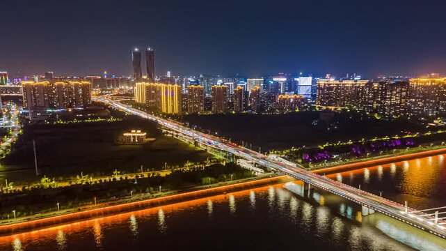 Night Aerial Skyline of Nanchang Jiangxi China with Gan River Bridge