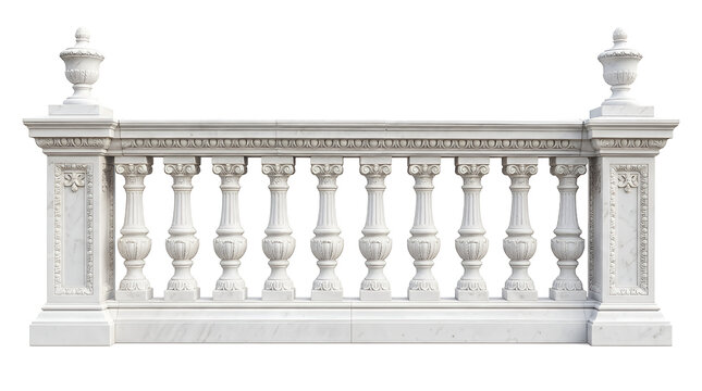 Ornate white marble balcony railing with intricate balusters and finials isolated on transparent background